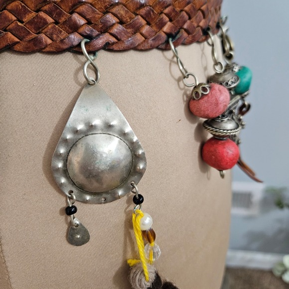 Boho Braided Leather Belt with‎ Charms Tassel Coin Turquoise Beads main image 9